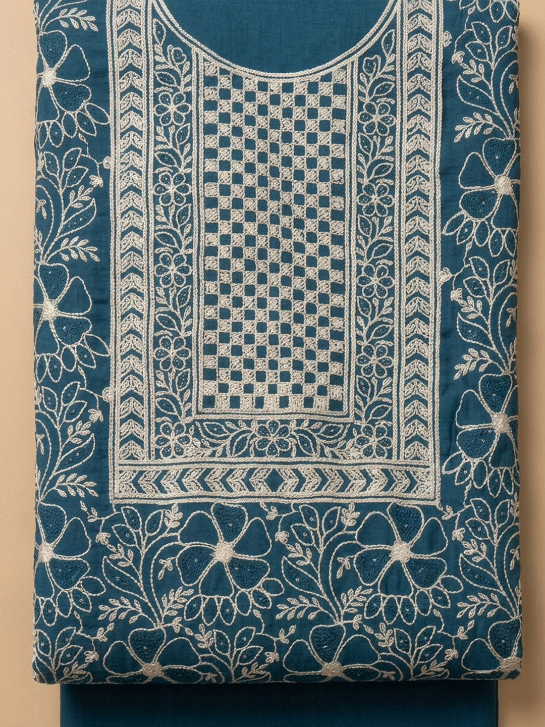 Blue Chanderi Embroidered Unstitched Dress Material