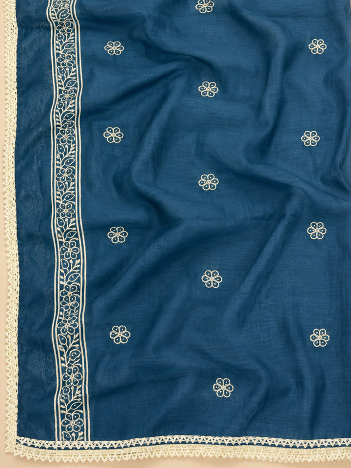 Blue Chanderi Embroidered Unstitched Dress Material
