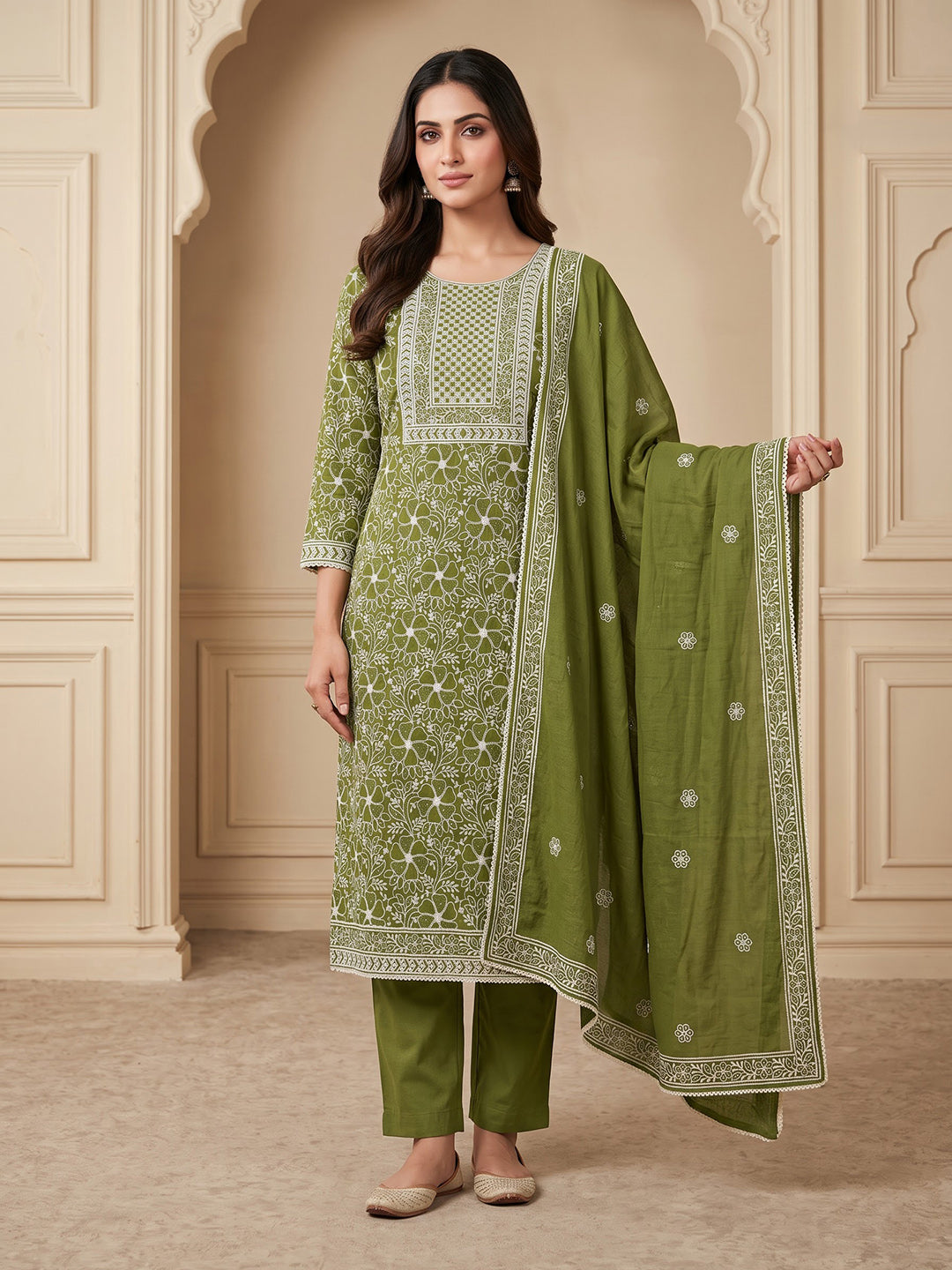 Mehndi Chanderi Embroidered Unstitched Dress Material