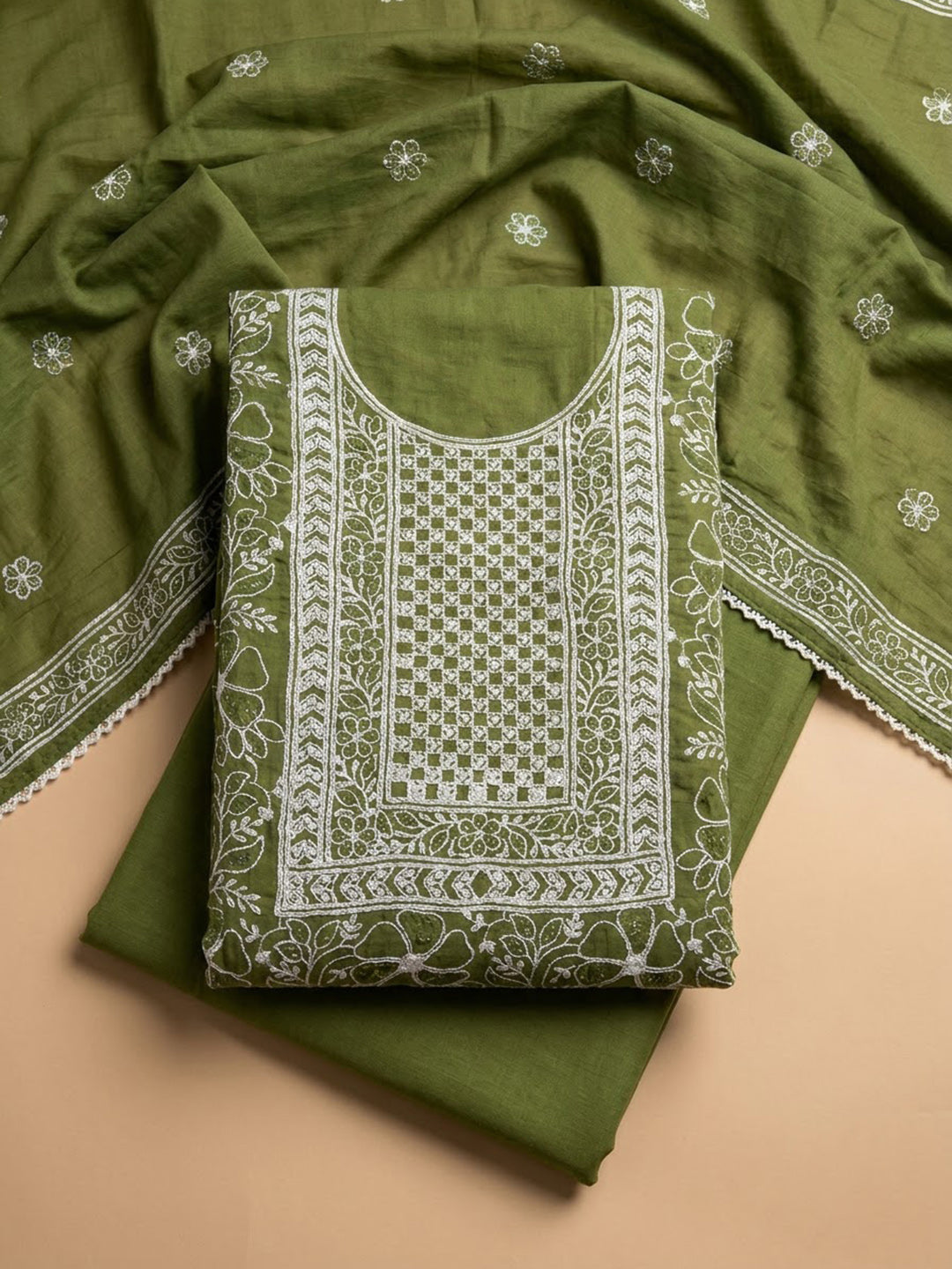 Mehndi Chanderi Embroidered Unstitched Dress Material