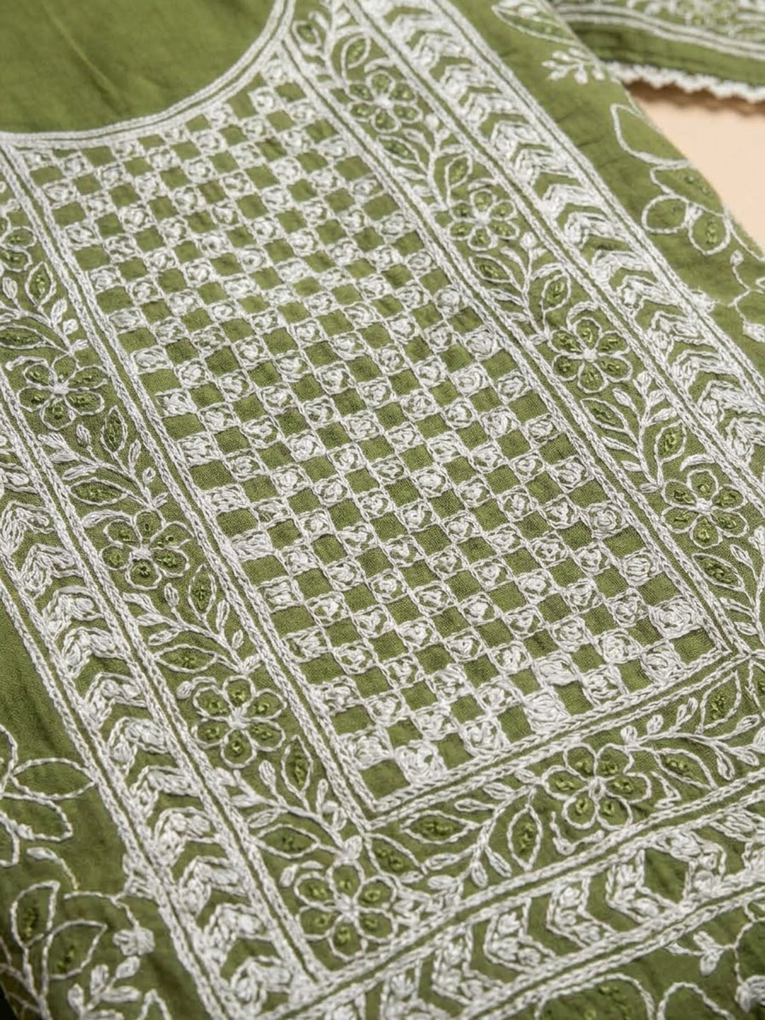 Mehndi Chanderi Embroidered Unstitched Dress Material