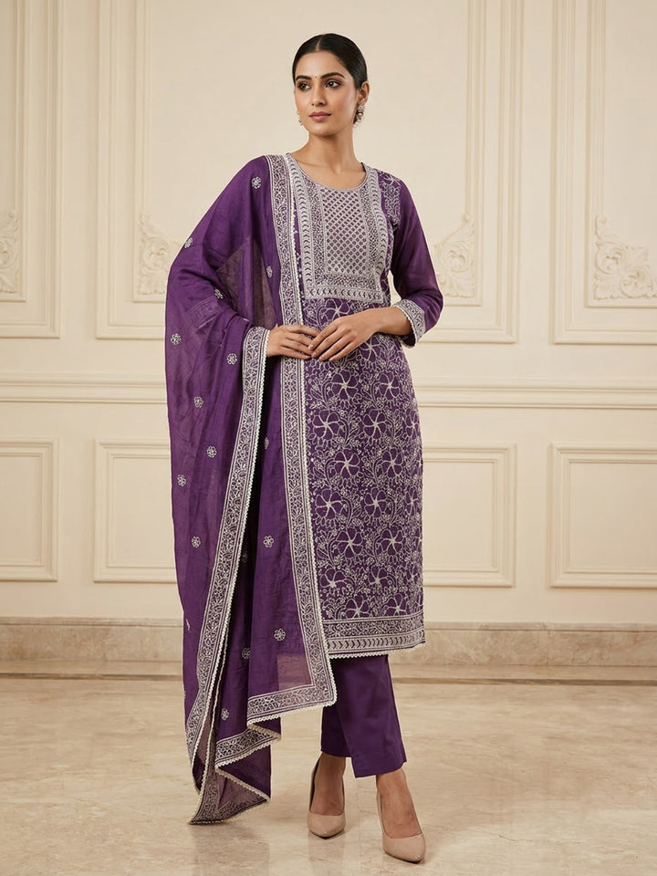 Purple Chanderi Embroidered Unstitched Dress Material
