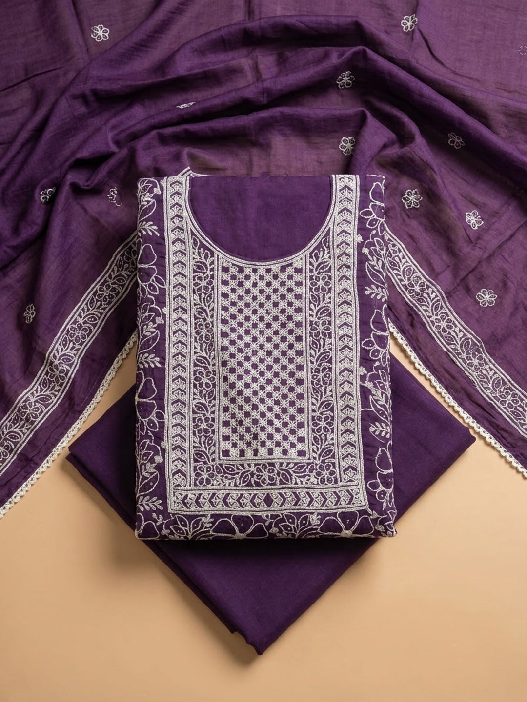 Purple Chanderi Embroidered Unstitched Dress Material
