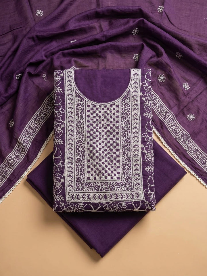 Purple Chanderi Embroidered Unstitched Dress Material