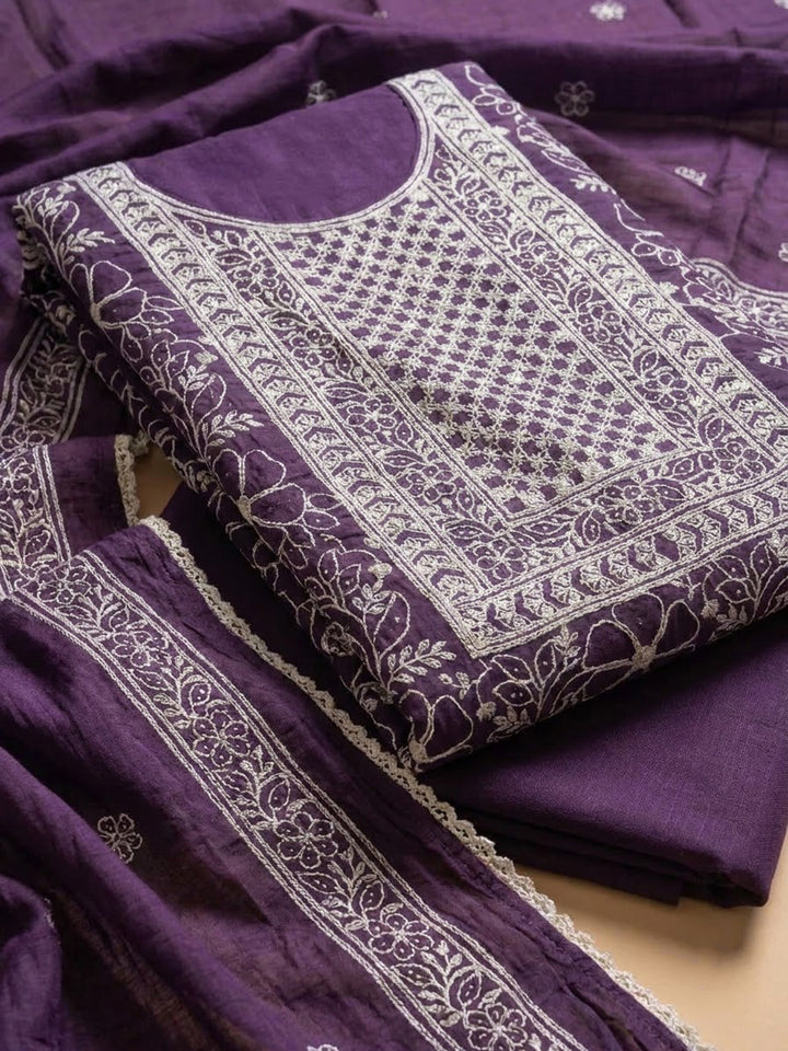 Purple Chanderi Embroidered Unstitched Dress Material