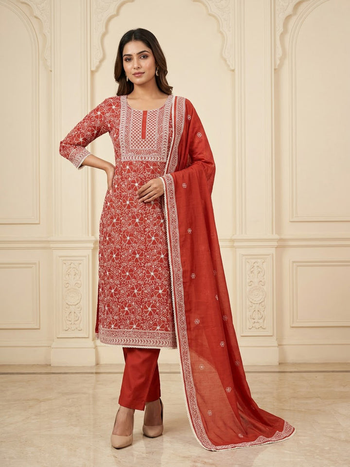 Rust Chanderi Embroidered Unstitched Dress Material