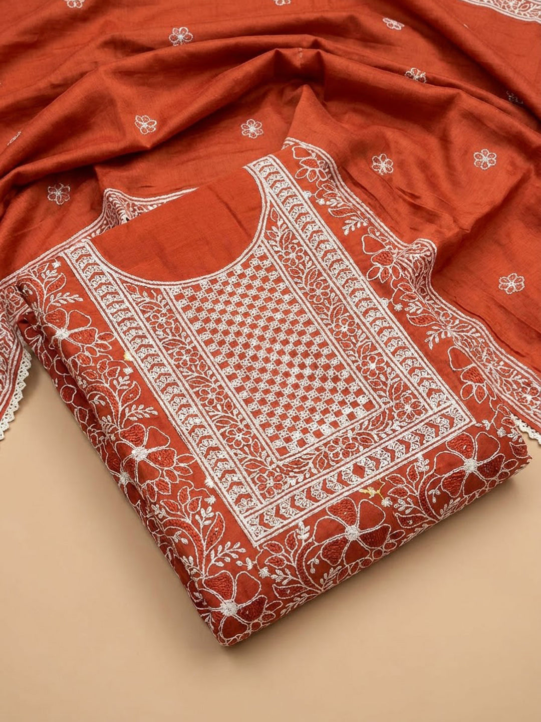 Rust Chanderi Embroidered Unstitched Dress Material