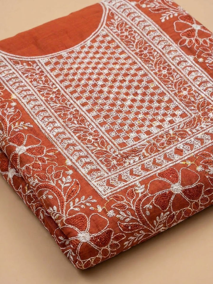 Rust Chanderi Embroidered Unstitched Dress Material