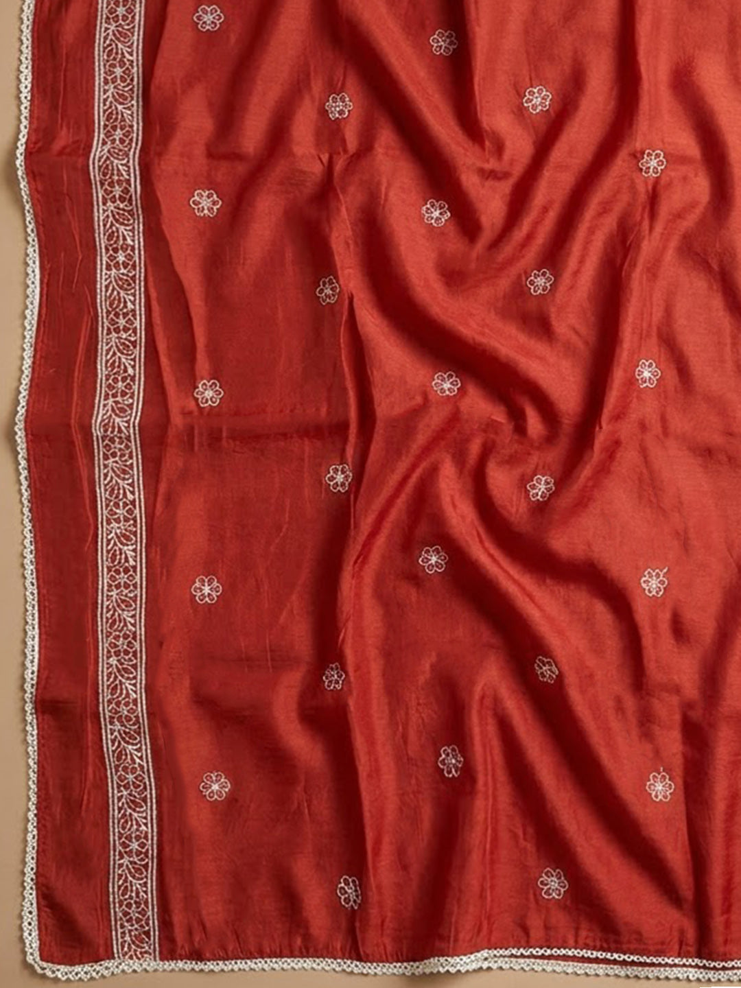 Rust Chanderi Embroidered Unstitched Dress Material