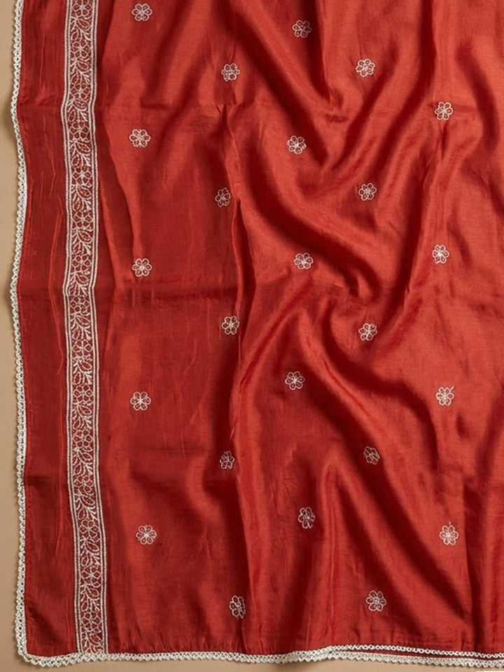 Rust Chanderi Embroidered Unstitched Dress Material