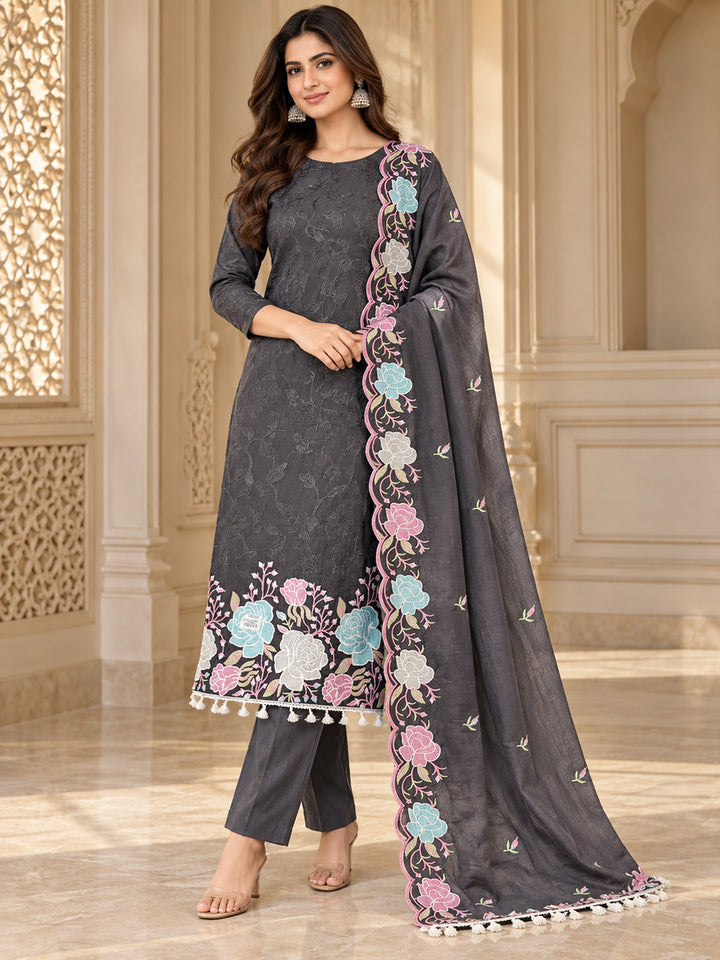 Black Chanderi Embroidered Unstitched Dress Material