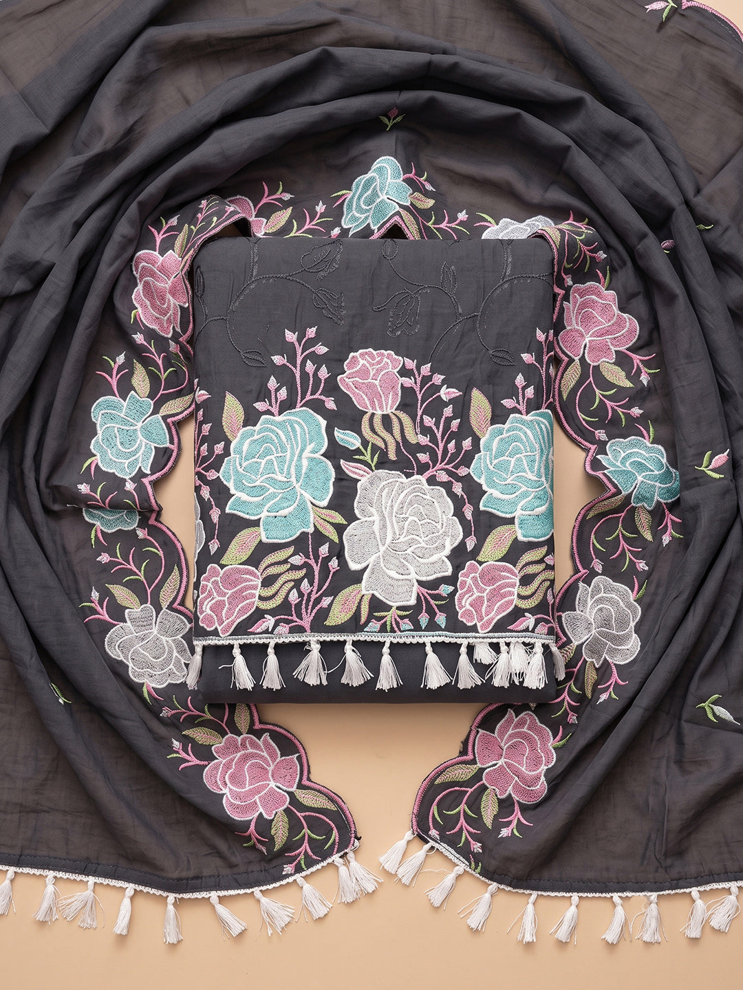 Black Chanderi Embroidered Unstitched Dress Material
