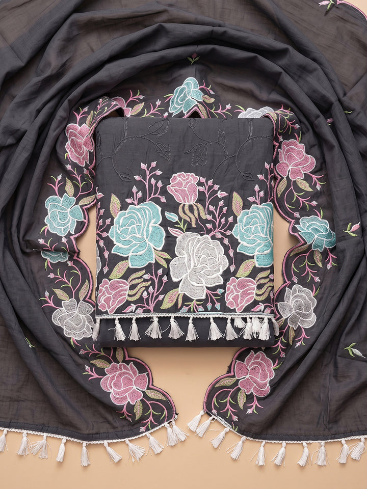 Black Chanderi Embroidered Unstitched Dress Material