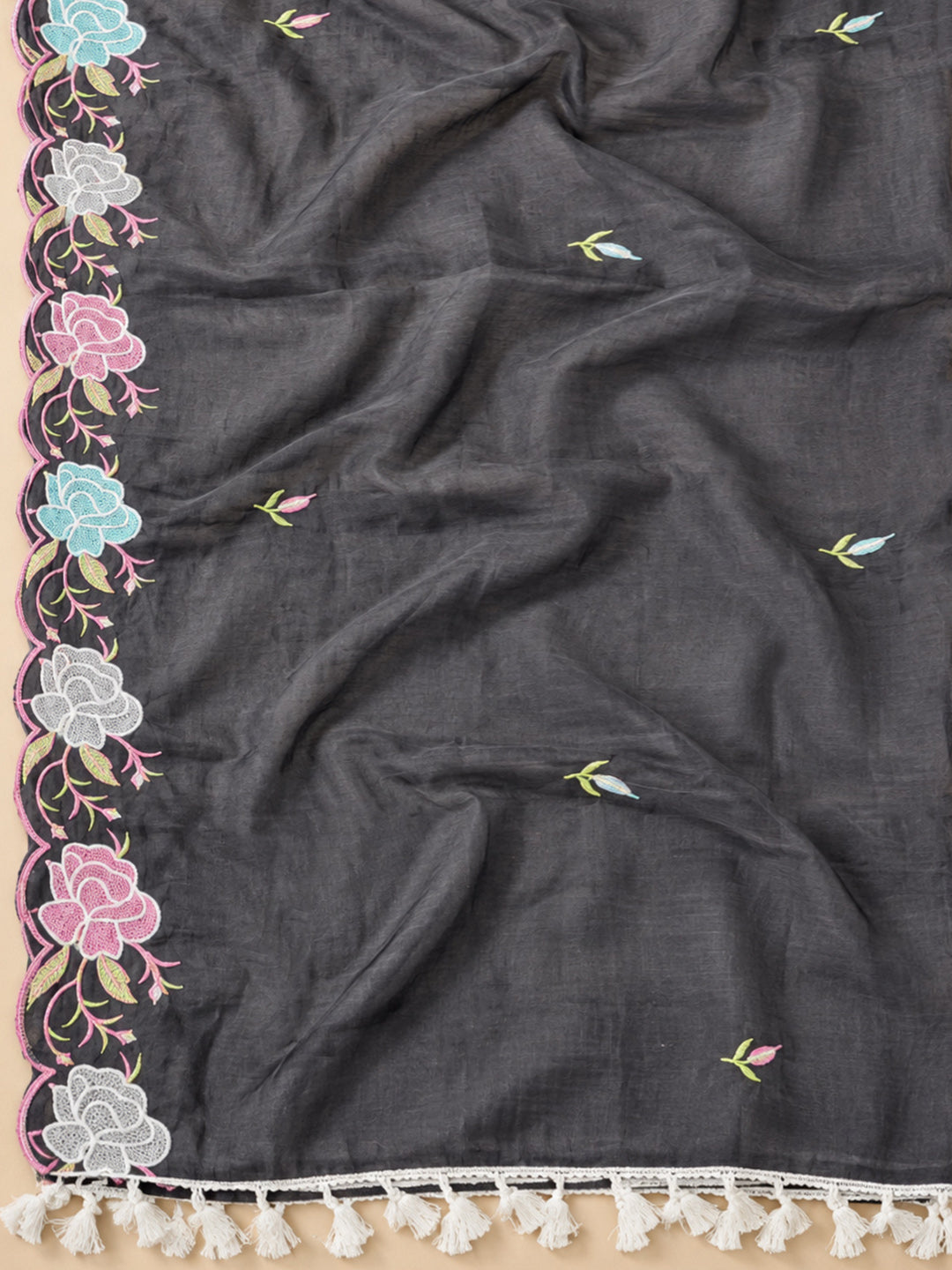 Black Chanderi Embroidered Unstitched Dress Material