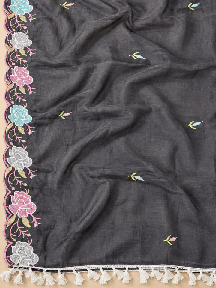 Black Chanderi Embroidered Unstitched Dress Material