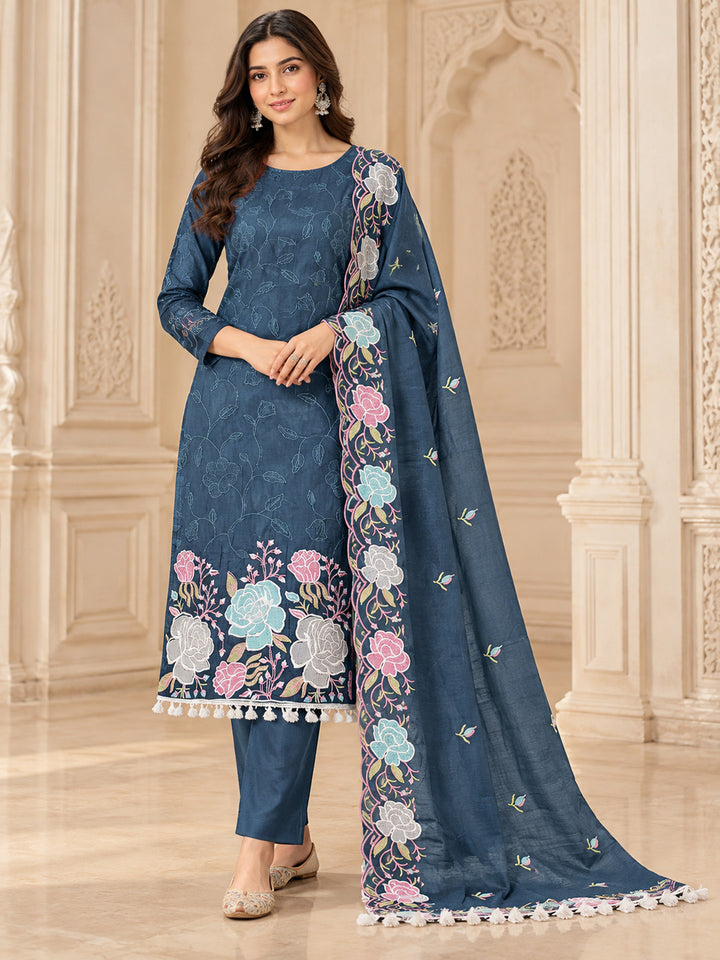 Blue Chanderi Embroidered Unstitched Dress Material