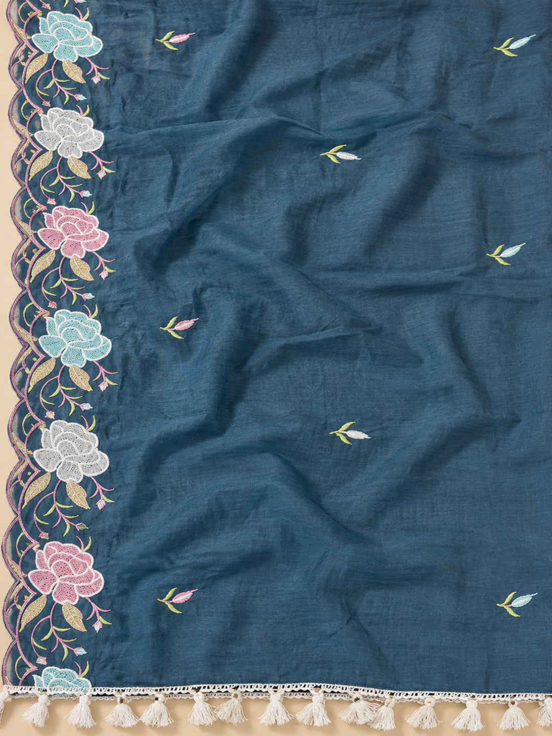 Blue Chanderi Embroidered Unstitched Dress Material