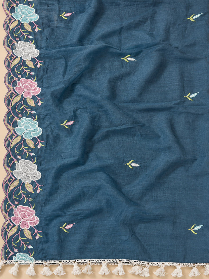 Blue Chanderi Embroidered Unstitched Dress Material