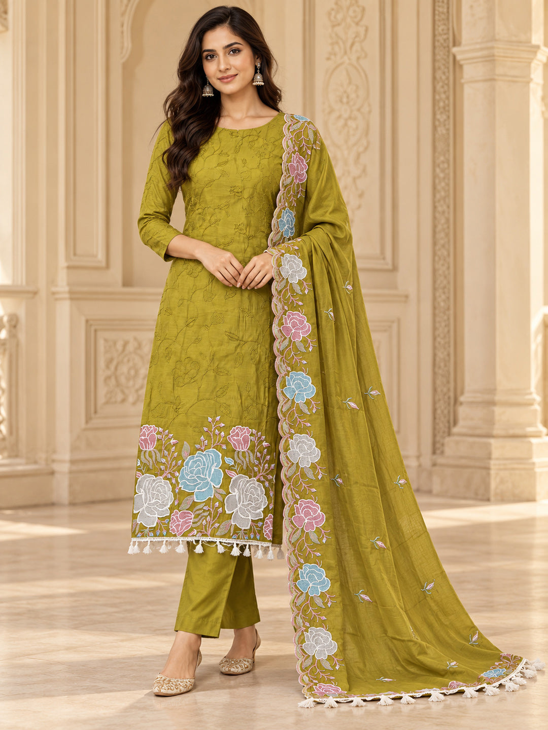 Mehndi Chanderi Embroidered Unstitched Dress Material