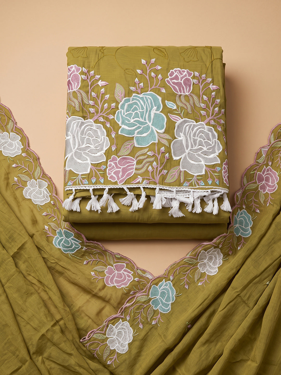 Mehndi Chanderi Embroidered Unstitched Dress Material