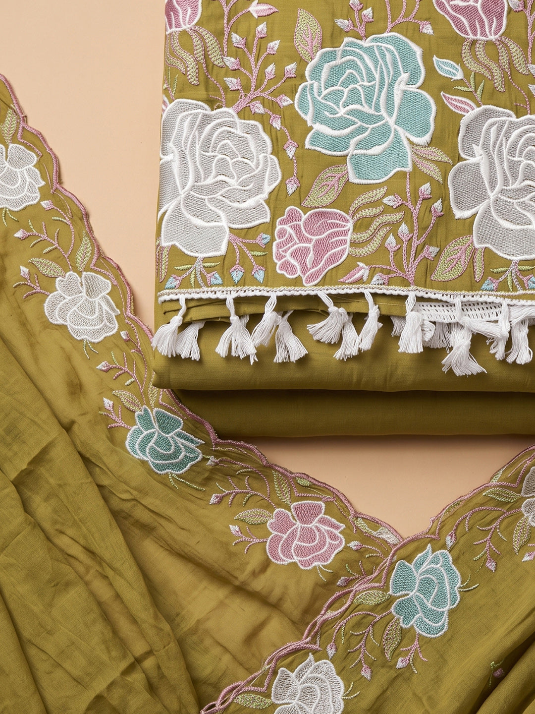 Mehndi Chanderi Embroidered Unstitched Dress Material