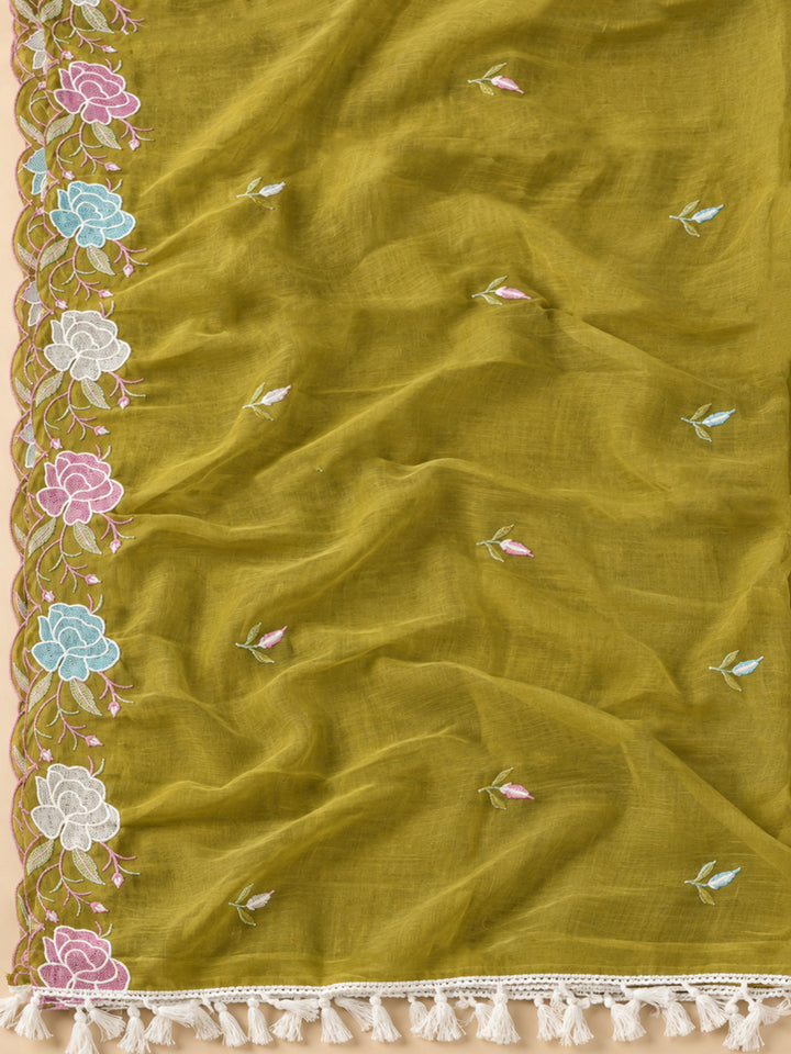 Mehndi Chanderi Embroidered Unstitched Dress Material