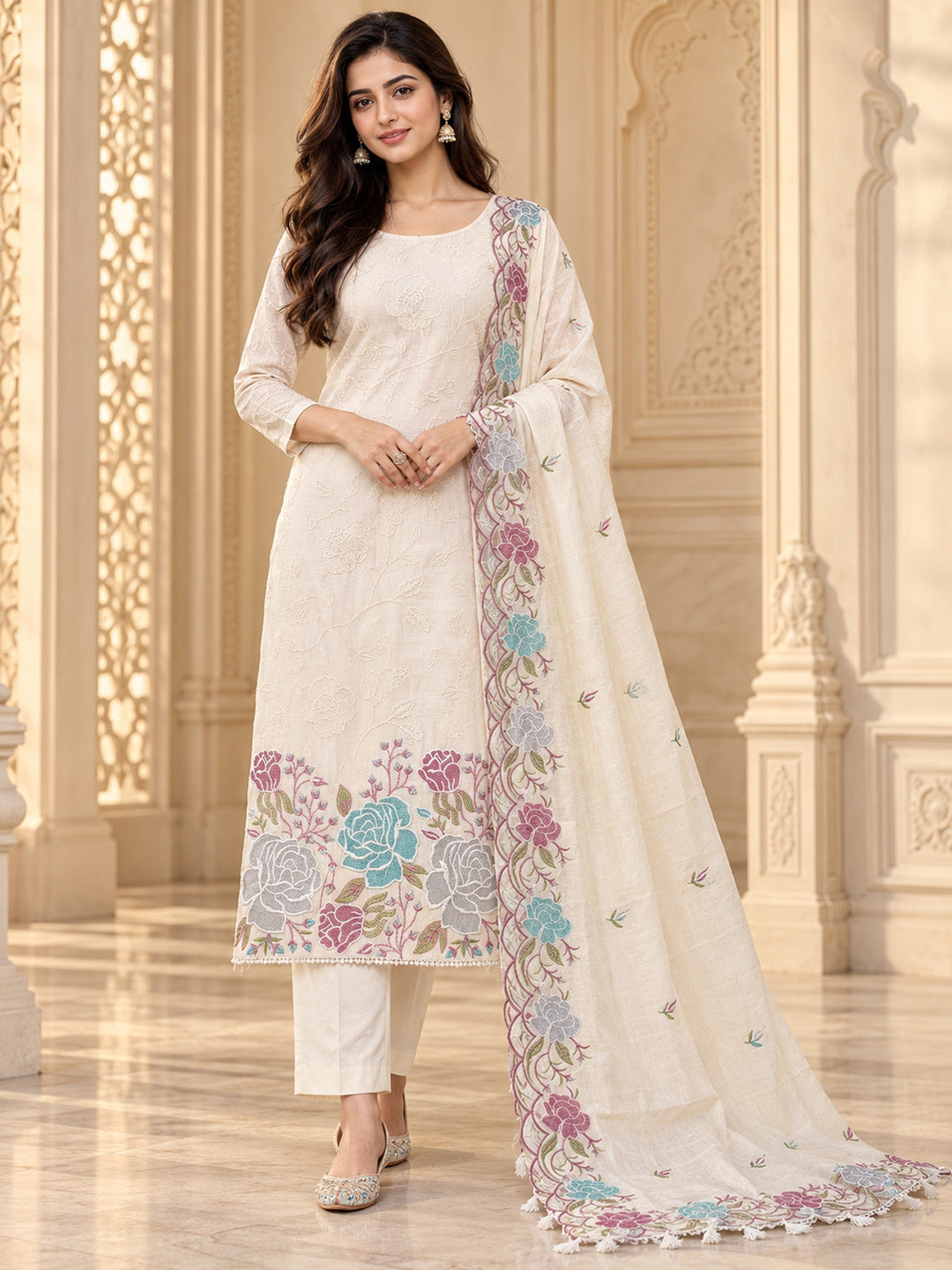 Off-White Chanderi Embroidered Unstitched Dress Material
