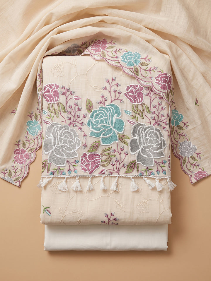 Off-White Chanderi Embroidered Unstitched Dress Material