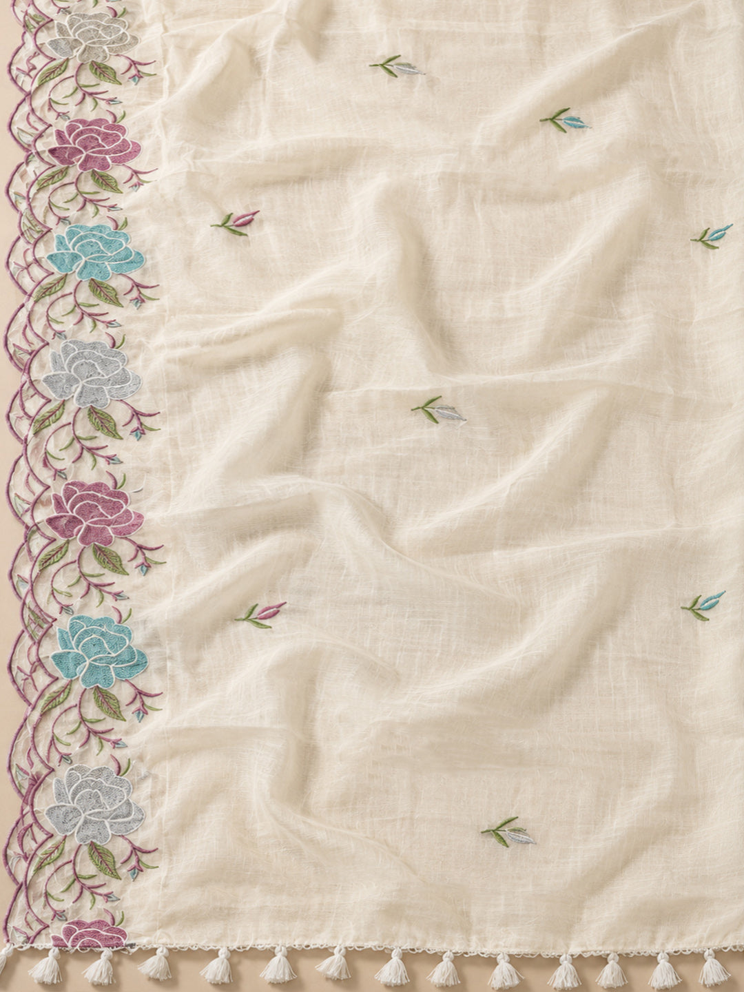 Off-White Chanderi Embroidered Unstitched Dress Material