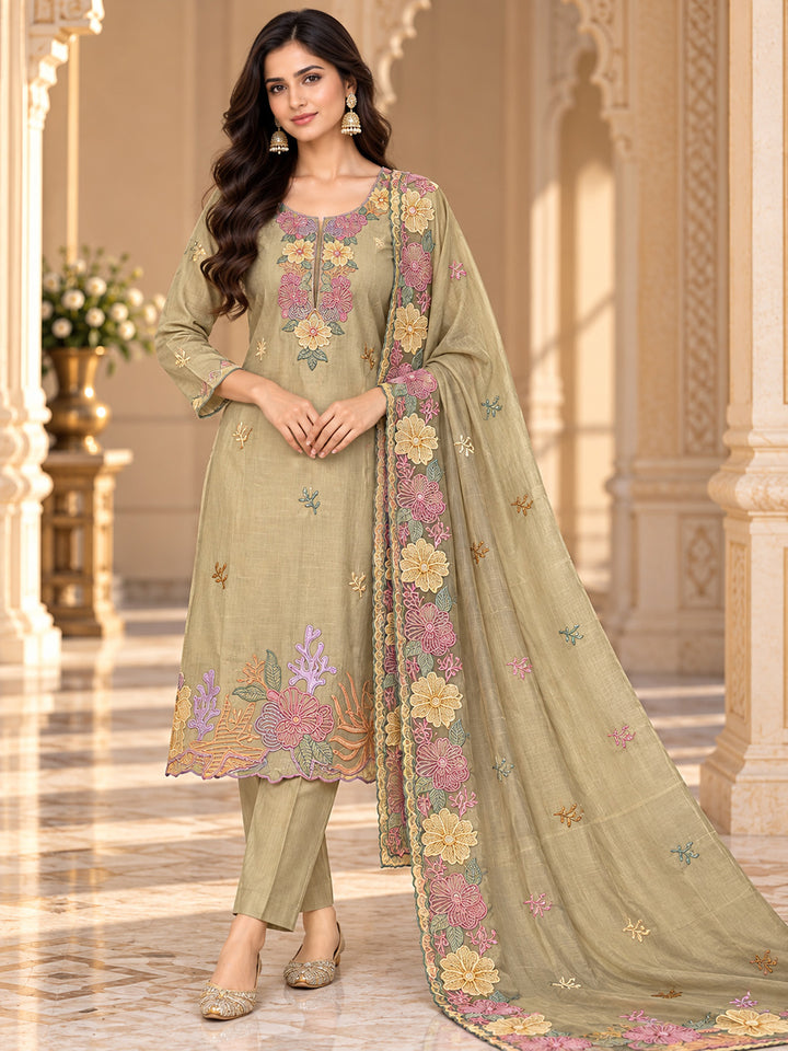 Beige Chanderi Embroidered Unstitched Dress Material