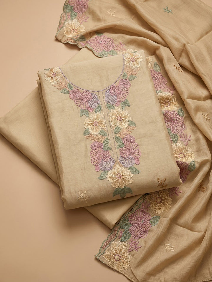 Beige Chanderi Embroidered Unstitched Dress Material
