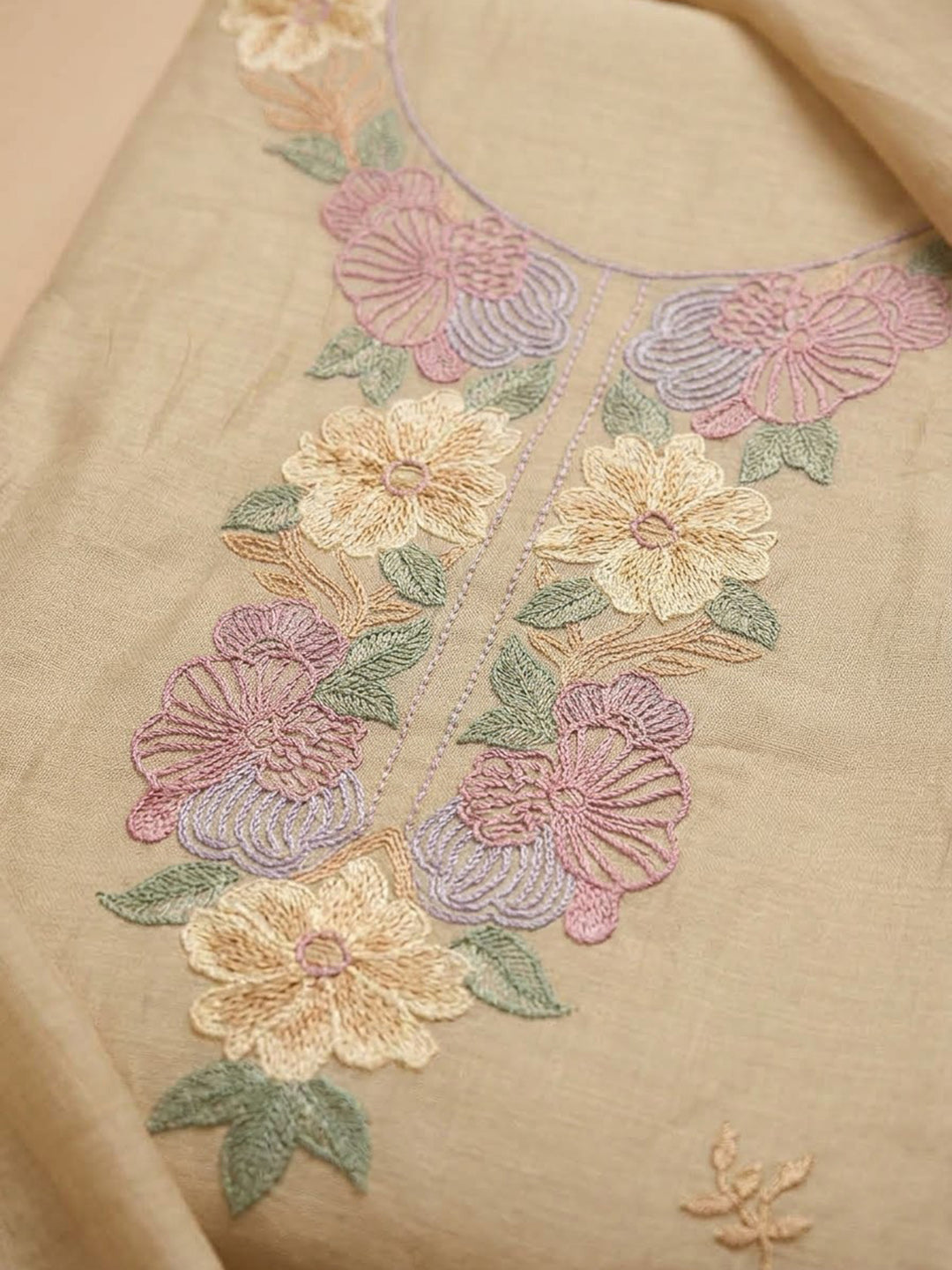Beige Chanderi Embroidered Unstitched Dress Material