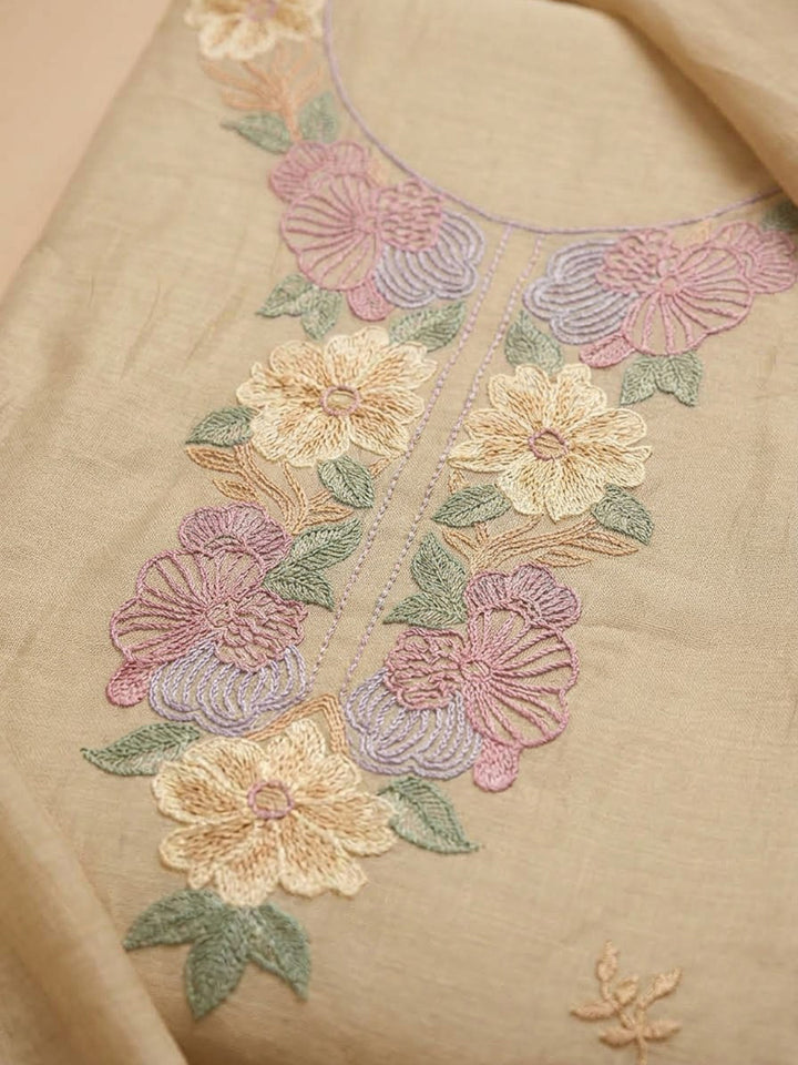 Beige Chanderi Embroidered Unstitched Dress Material