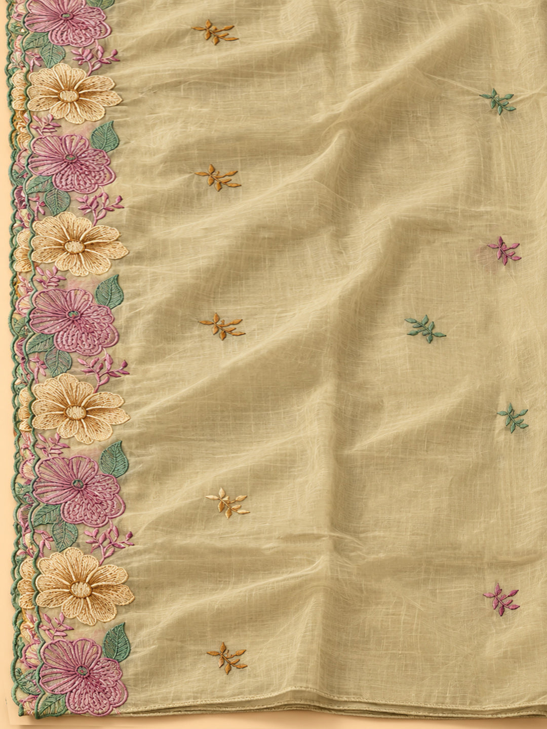 Beige Chanderi Embroidered Unstitched Dress Material