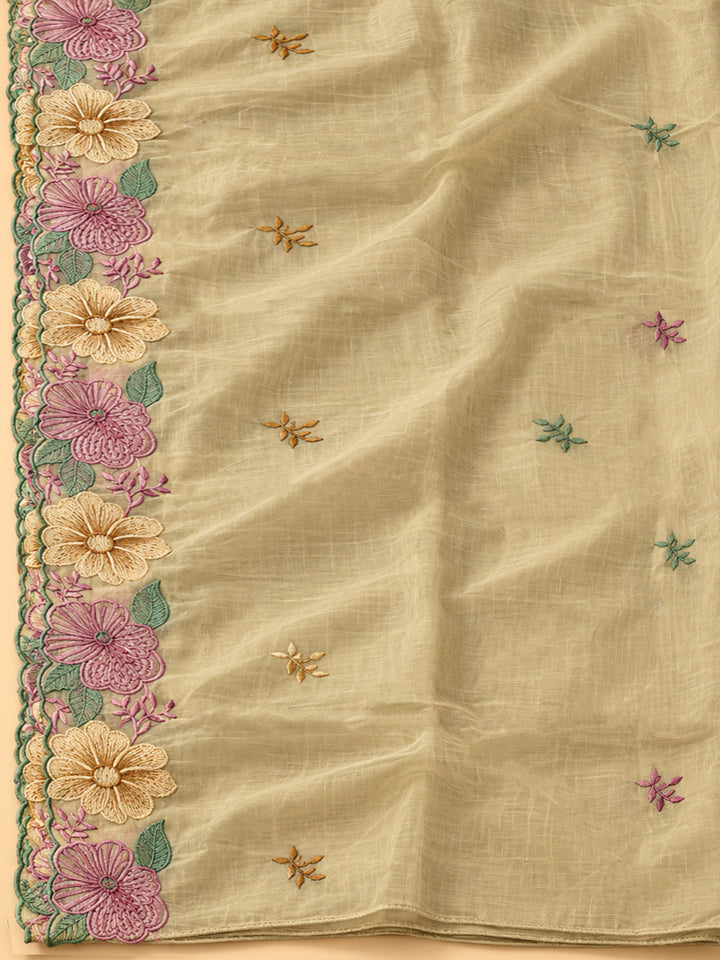 Beige Chanderi Embroidered Unstitched Dress Material