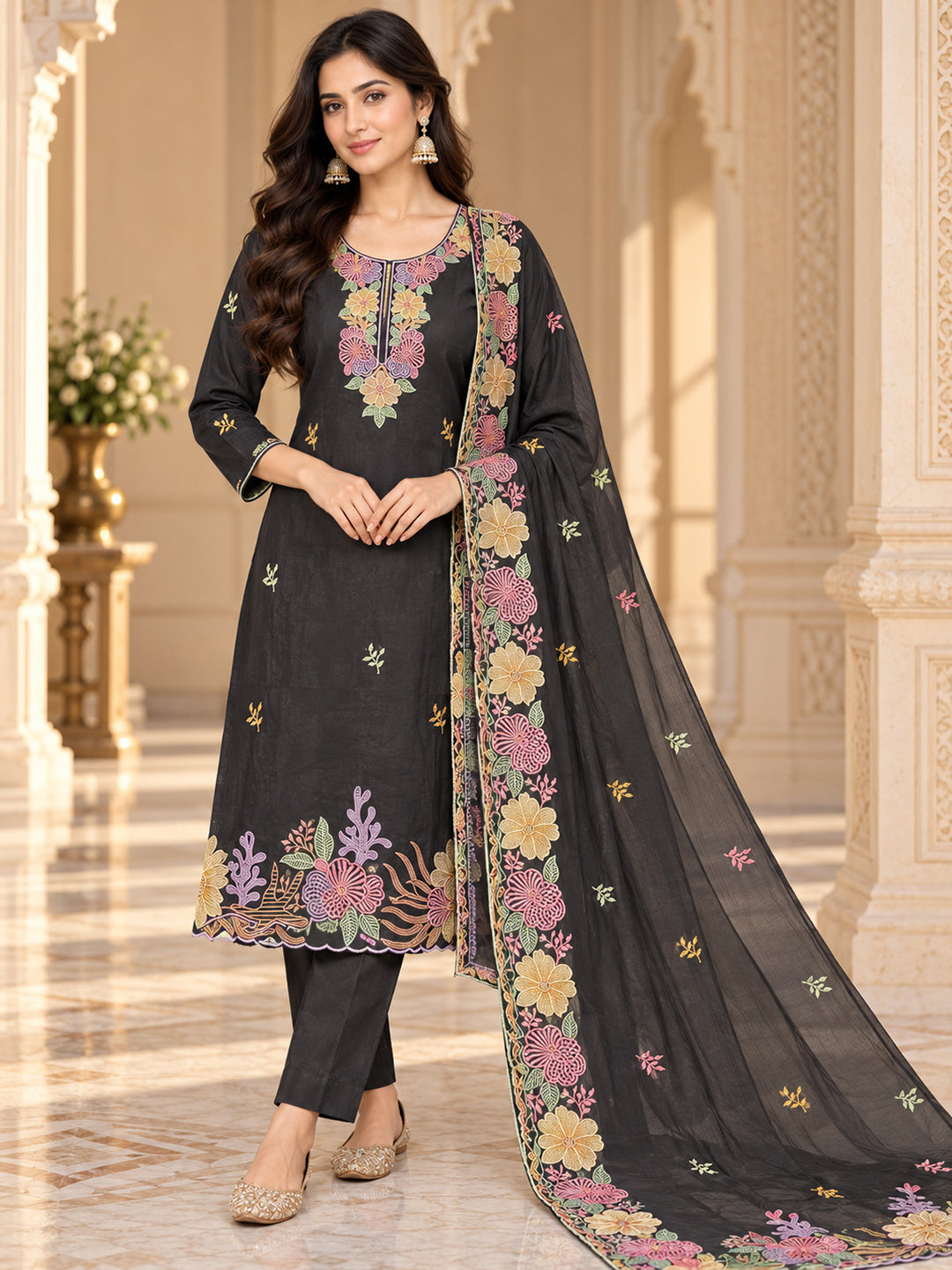 Black Chanderi Embroidered Unstitched Dress Material