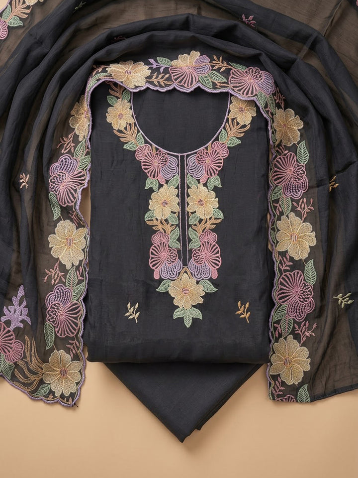 Black Chanderi Embroidered Unstitched Dress Material