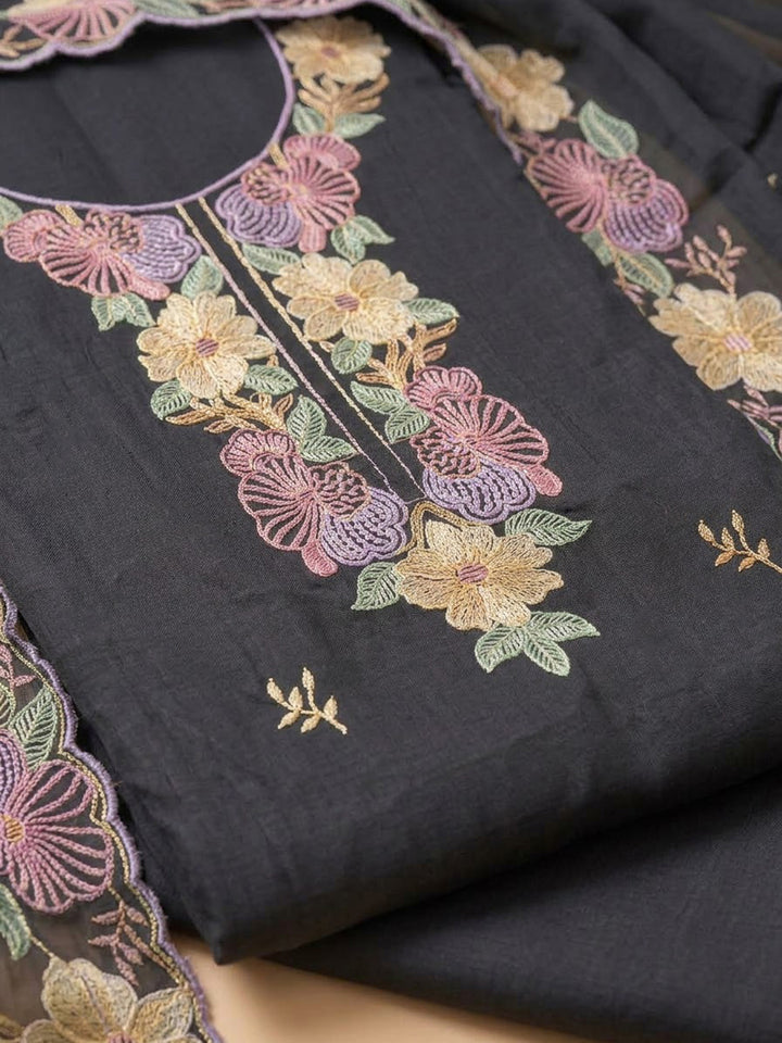 Black Chanderi Embroidered Unstitched Dress Material