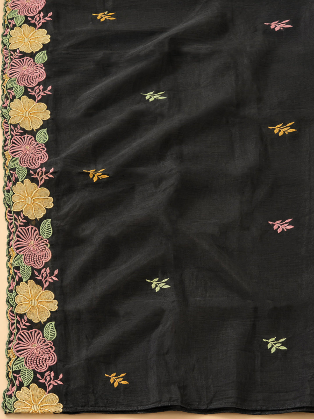 Black Chanderi Embroidered Unstitched Dress Material