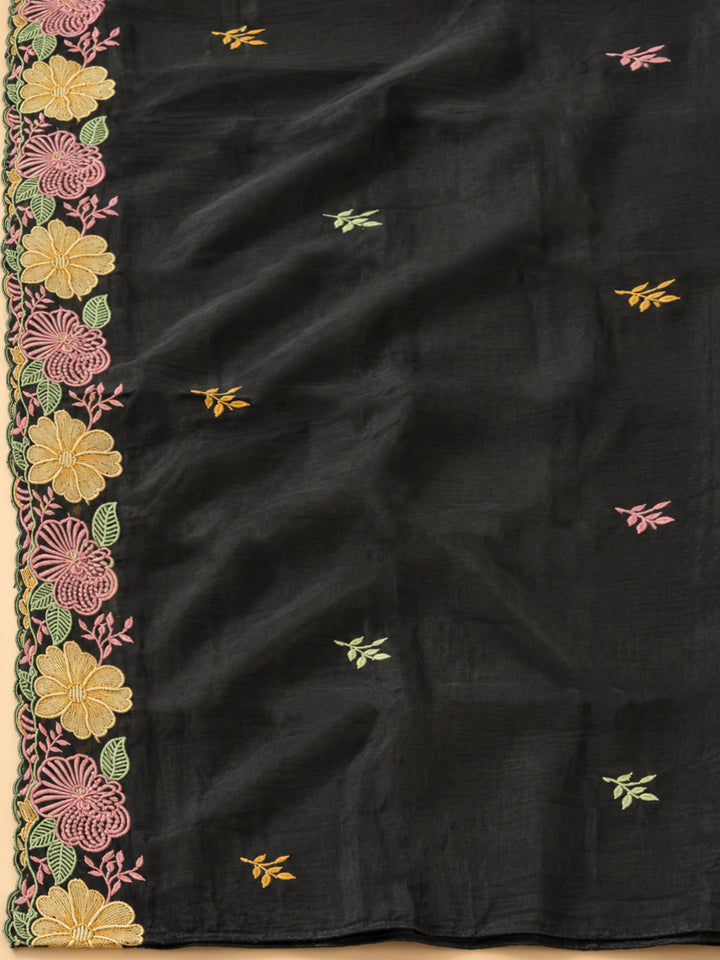 Black Chanderi Embroidered Unstitched Dress Material