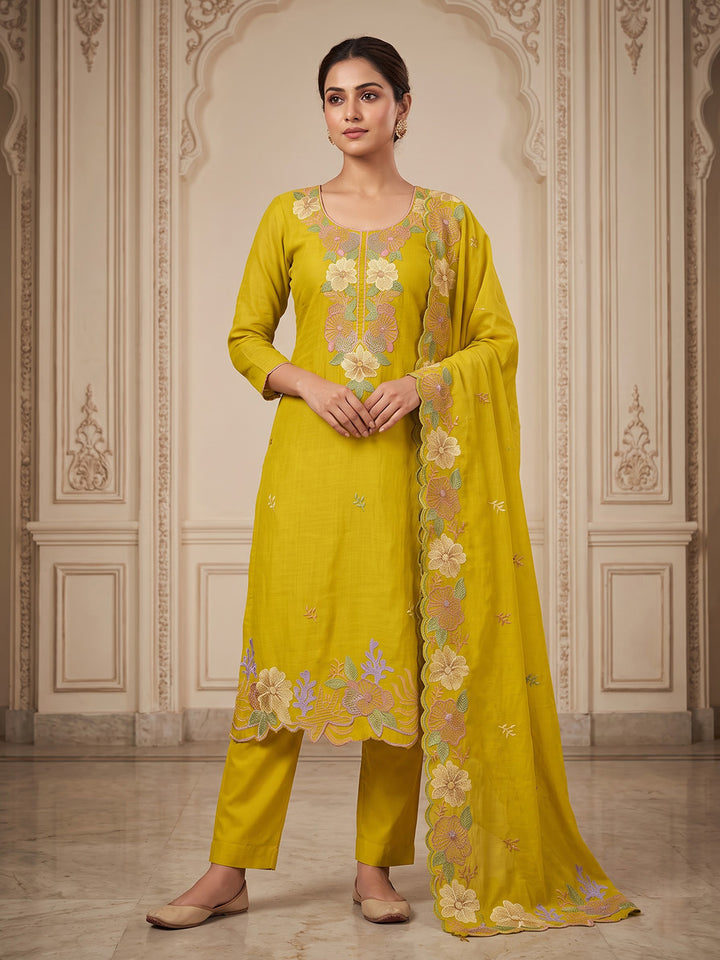 Lemon Chanderi Embroidered Unstitched Dress Material