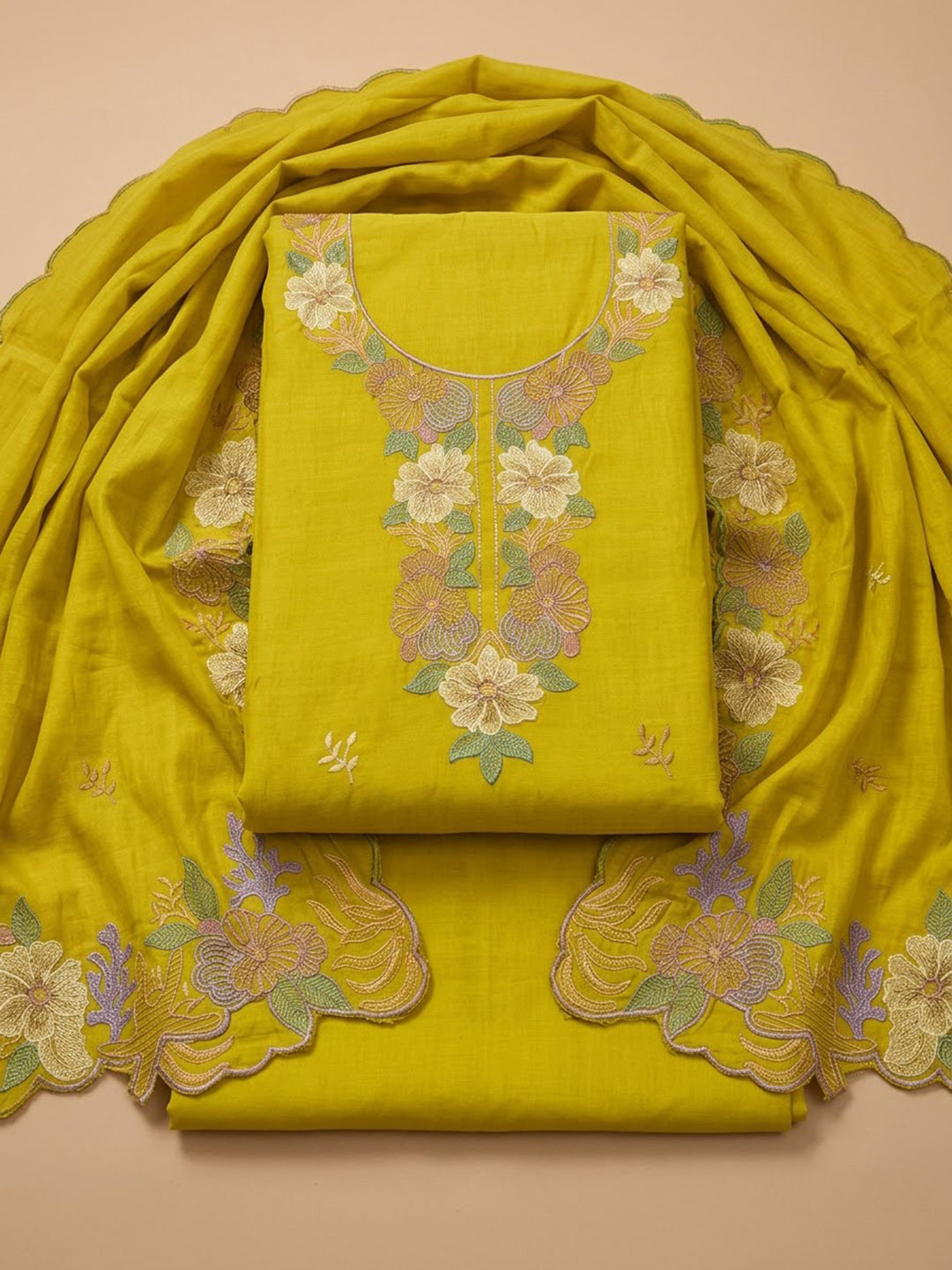 Lemon Chanderi Embroidered Unstitched Dress Material