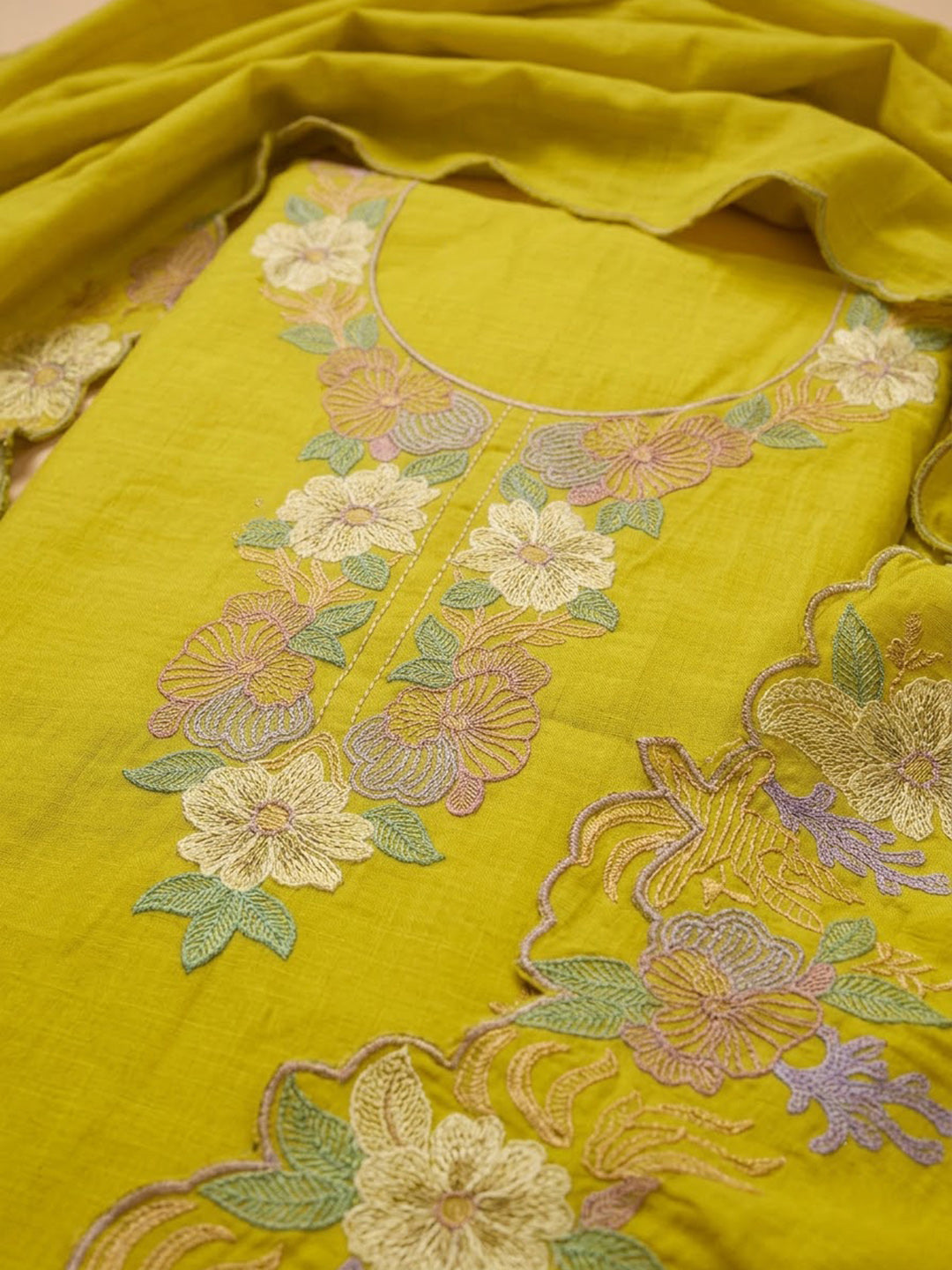 Lemon Chanderi Embroidered Unstitched Dress Material