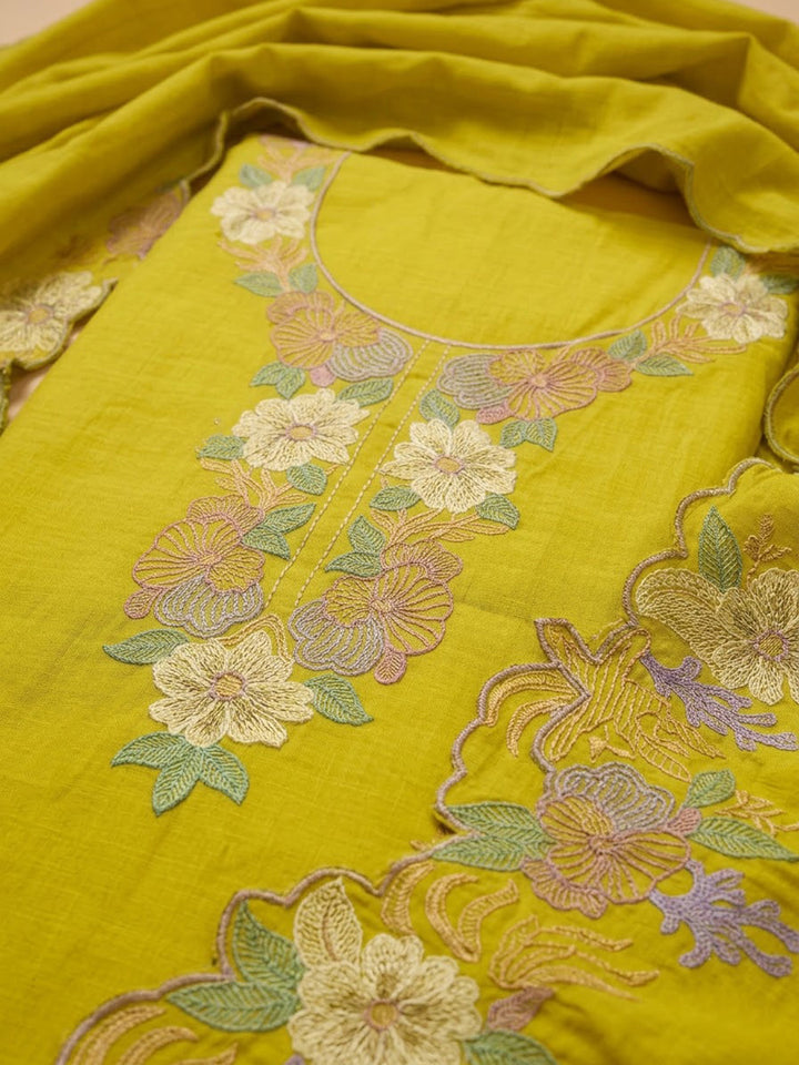 Lemon Chanderi Embroidered Unstitched Dress Material