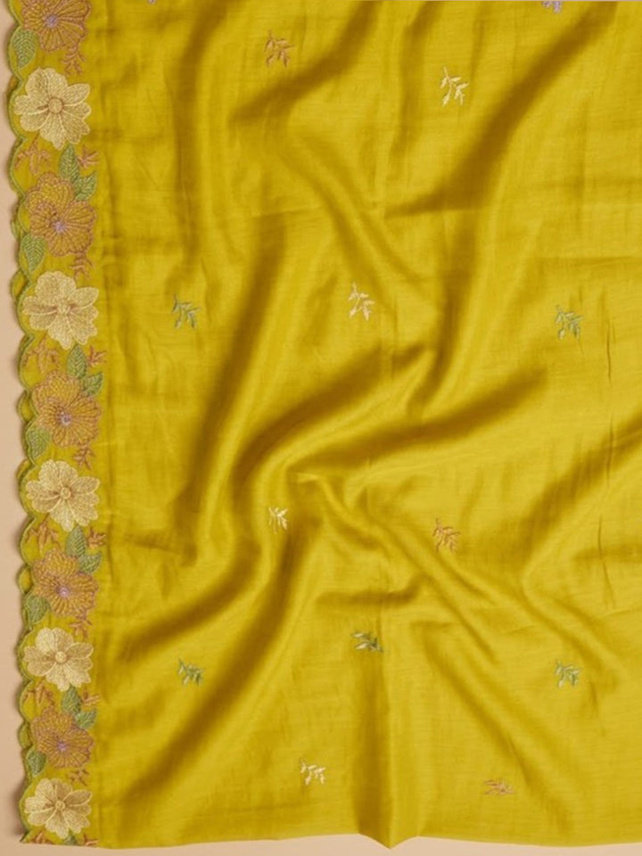 Lemon Chanderi Embroidered Unstitched Dress Material