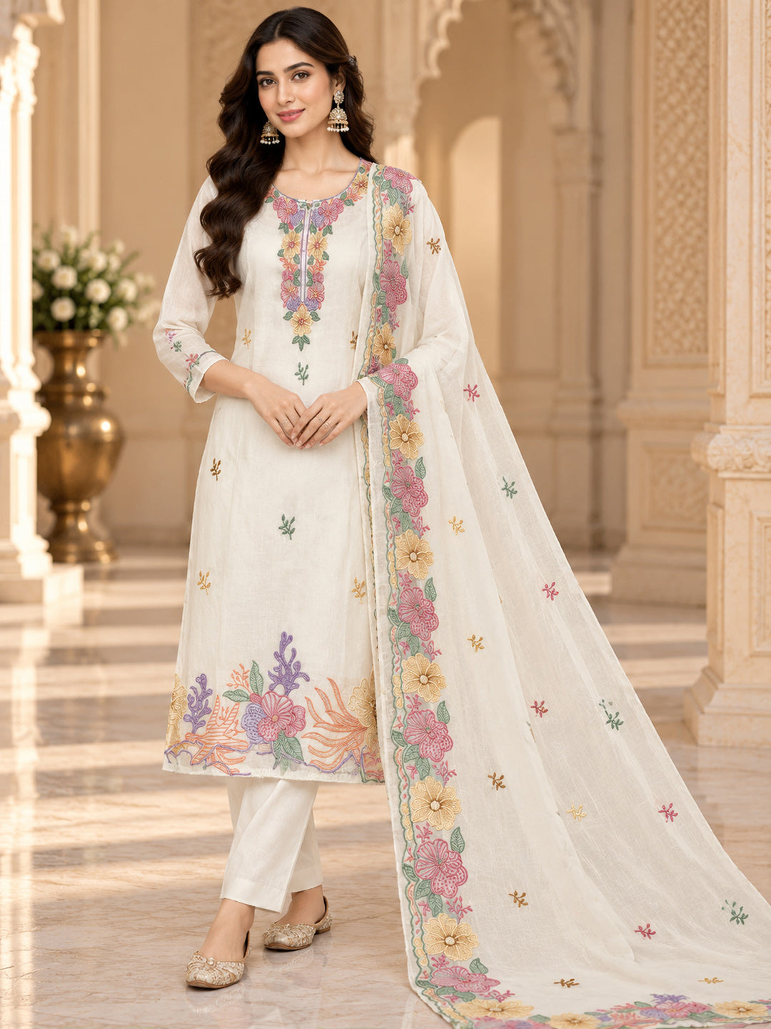 Off-White Chanderi Embroidered Unstitched Dress Material