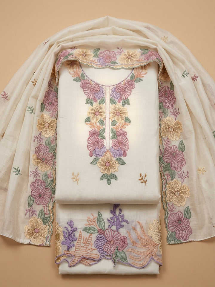 Off-White Chanderi Embroidered Unstitched Dress Material