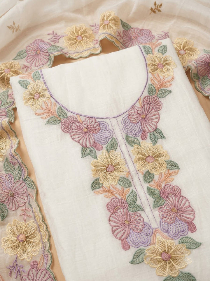 Off-White Chanderi Embroidered Unstitched Dress Material