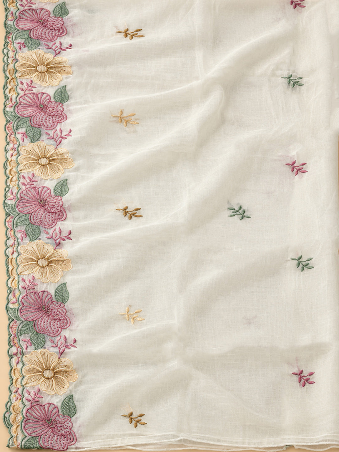 Off-White Chanderi Embroidered Unstitched Dress Material