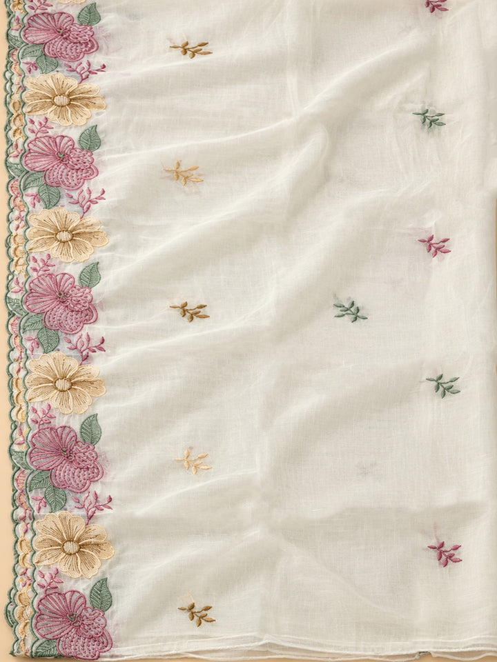Off-White Chanderi Embroidered Unstitched Dress Material